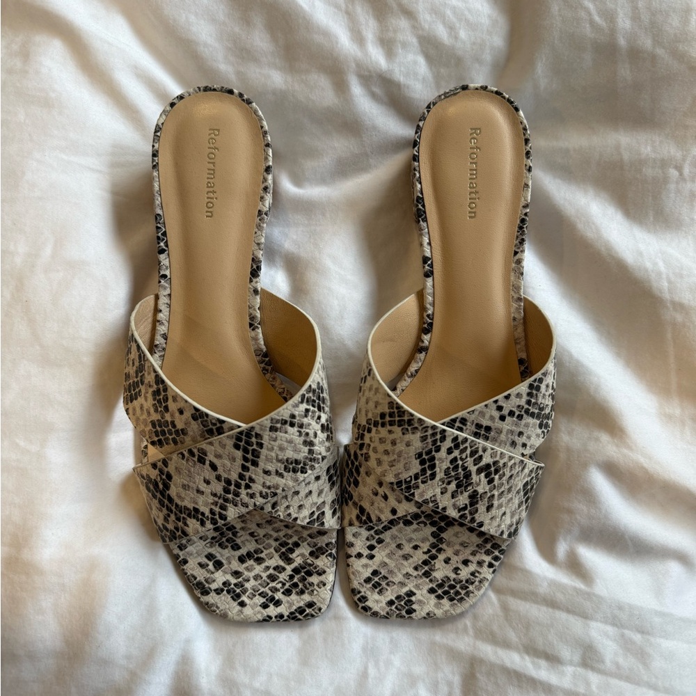 Reformation Black and Cream Snake Print Mules